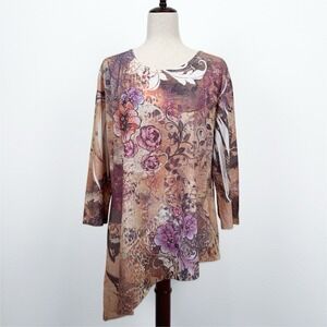 Jess & Jane‎ Top Womens XL Pink Brown Embellished Colorful Artsy Boho Asymmetric